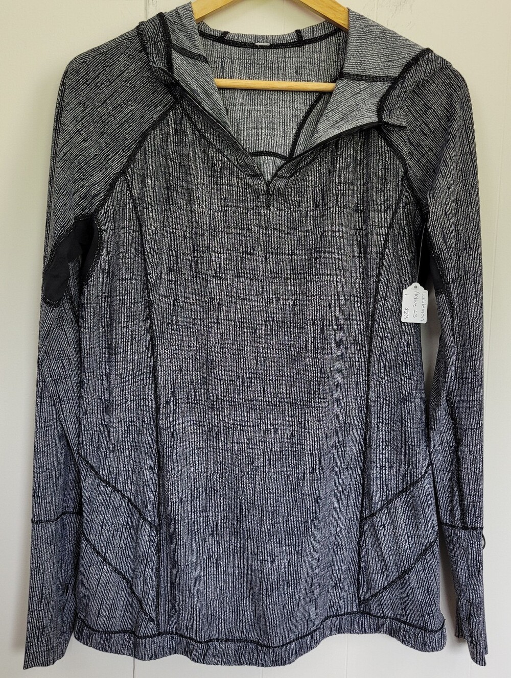 Lululemon Large Heathered Black/White Lightweight Hooded Active Top